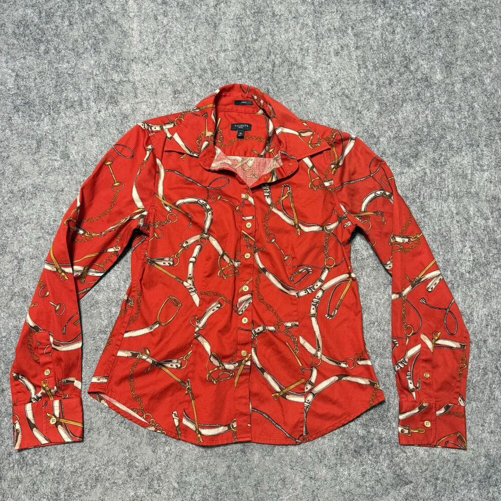 Talbots Petites Red Equestrian Shirt 4P Stretch Horse Bit Chain Button Up